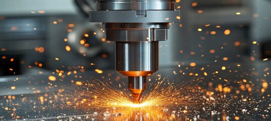 Poster - Precision CNC Machining of Metal Parts with Sparks Flying, Showcasing Modern Cutting Technology