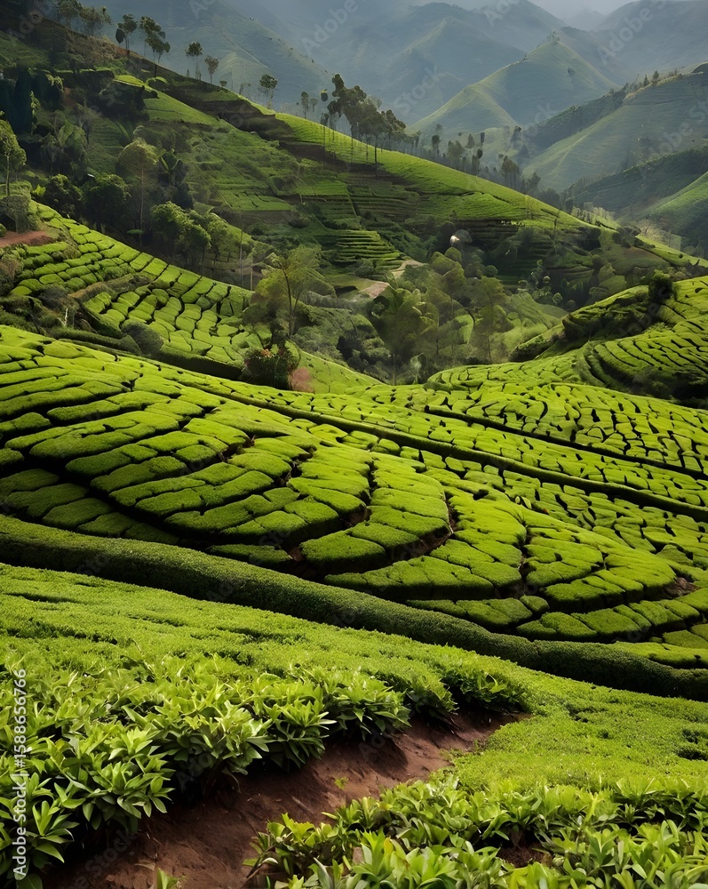 Beautiful scenery of lush green tea plantations in the tea gardens on ...