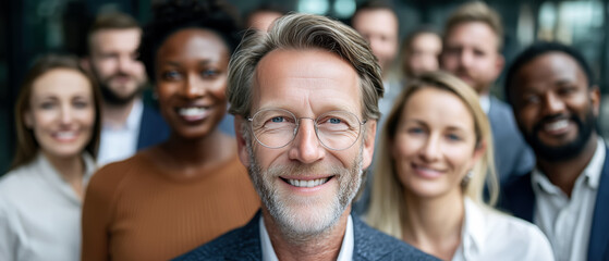 Poster - Professional group portrait featuring diverse colleagues smiling while standing together in a modern office environment, showcasing teamwork and collaboration