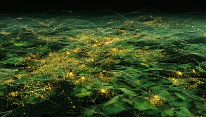 Poster - Night lights illuminate a vast green landscape, interconnected by a web of glowing lines, creating a mesmerizing aerial view of a modern