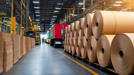 Poster - Industrial Warehouse Setting with Stacked Paper Rolls and Transportation Trucks in a Modern Distribution Facility