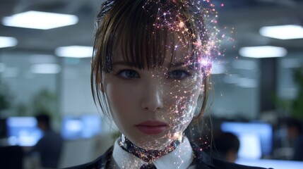 Poster - Futuristic woman with digital transformation on her face, in an office environment, with advanced technology and digital interface.