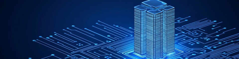 Poster - Futuristic Cyberpunk Cityscape Blueprint Highlighting Advanced Technology and Digital Innovation Hub