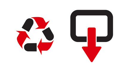 Poster - Red and black recycling and download arrow icons; minimalist design; digital concept.