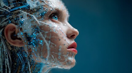Poster - Futuristic cyborg with blue eyes in profile, showcasing advanced technology and serene expression against a blue background.