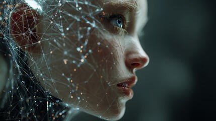 Poster - Close-up portrait showcasing a digital human with intricate network overlay, illustrating artificial intelligence and futuristic technology concepts beautifully.