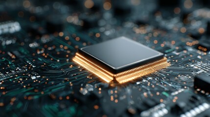 Fototapete - Intricate circuit board featuring a central glowing microchip, highlighting cutting-edge technology and complex digital infrastructure, rendered with dark teal hues.