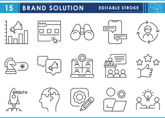 Poster - A set of line icons related to Brand Solution. Brand, strategy, art, vision, growth, idea, marketing, and so on. Vector editable stroke.