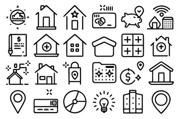 Poster - Minimalist line icons representing houses finance and technology house icons finance icons
