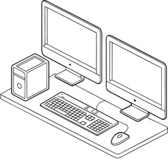 Poster - Workspace setup graphic showing computers, keyboard, and mouse on desk