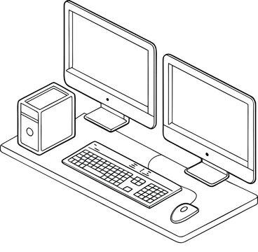 Workspace setup graphic showing computers, keyboard, and mouse on desk