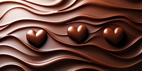 Poster - Smooth waves of melted chocolate with heart shaped pralines creating romantic flowing pattern. Luxurious brown background for Valentine's day designs and confectionery.