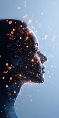 Poster - Silhouette profile with magical glowing particles and sparkles creating ethereal effect against blue background, representing transformation and inner light.