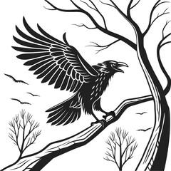 Black silhouette vector illustration of a wild eagle with wings spread, flying freely from a tree branch