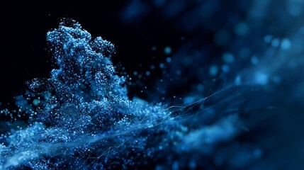 Fototapete - Dazzling blue network structure creates depth with a captivating array of connected particles on the dark background.