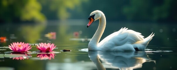 Naklejka na meble Majestic swan floats on glassy lake, vibrant water lilies , fauna, photography, peaceful