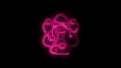 Poster - Pink neon science symbol with flask and atom structure on black background