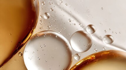 Poster - Golden oil bubbles of varying sizes are creating an abstract pattern on the surface of a liquid, forming a visually appealing and textured composition