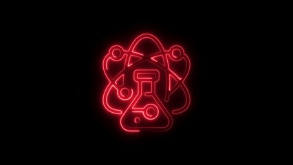 Poster - Red neon science icon of flask and atom structure on black background