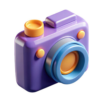 Charming 3d rendered purple camera with orange and blue accents isolated on transparent background