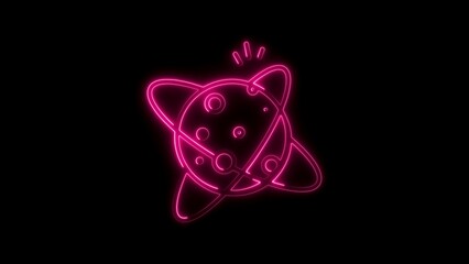 Poster - Pink neon planet icon with orbiting rings on black background