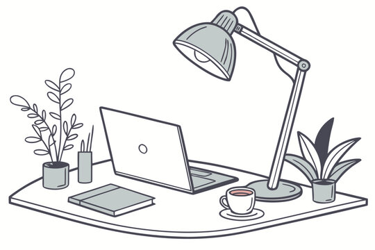 Desk scene with laptop, lamp, coffee, plants, and book in a simple line drawing illustration style