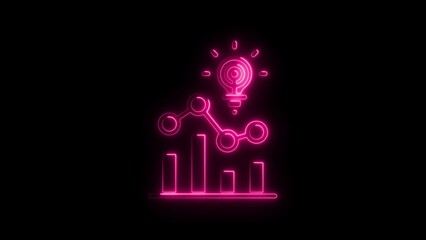 Poster - Pink Neon Light Bulb Idea with Graph and Bar Chart on Black Background