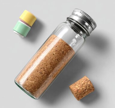 Detailed rendering of a glass bottle with silver cap on standard scale minimalist environment close-up view