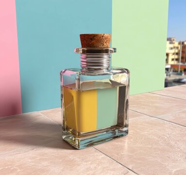 Artistic rendering of a glass bottle with cork cap studio product photography modern close-up design