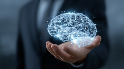 Poster - Innovative future technology concept human brain digital circuit board presented in the palm of a person’s hand elegantly.