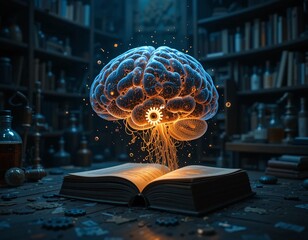 Poster - A glowing brain hovering above an open book in a room filled with bookshelves and various items around it