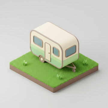 A pastel-colored, 3D model of a camper van on a grassy patch, rendered in a low-poly style.