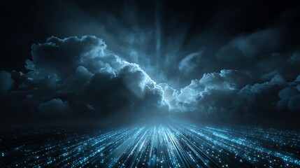 Poster - Ethereal convergence of light streaks beneath dramatic celestial skies creating an otherworldly, immersive and technologically advanced atmosphere of digital wonder.