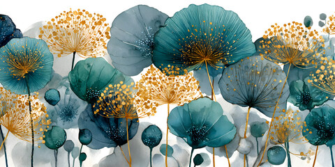 Poster - A beautiful watercolor illustration featuring abstract teal and gold flowers on a white background.