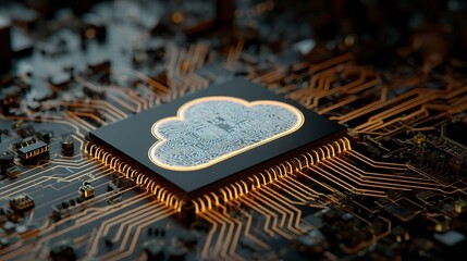 Fototapete - Cloud computing symbolized by cloud shaped circuit board with intricate details and glowing lines for modern technology.