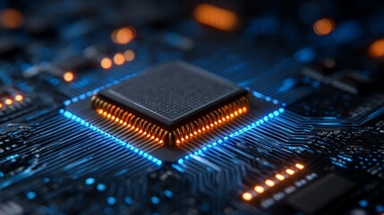 Fototapete - Close-up illustration featuring intricate motherboard with microchip, glowing connections, and modern digital aesthetics in a dynamic, detailed render.