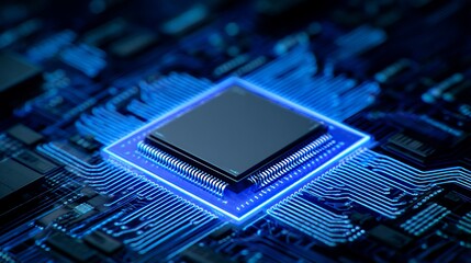 Fototapete - Futuristic microchip with a captivating blue glow, symbolizing advanced technology and intricate design illuminating technological progress with a futuristic aesthetic.