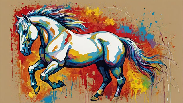 Original colorful painting in multi colors The animal stands against a brown background, which contrasts with its colorful,horse,