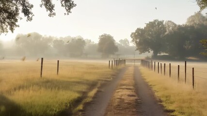 Wall Mural - misty ranch landscape with golden sunlight filtering through falling leaves during peaceful autumn m