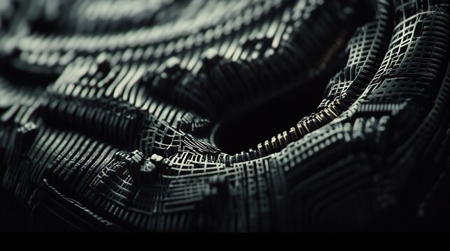 Dark metallic texture, abstract design, close-up, background blur, industrial design
