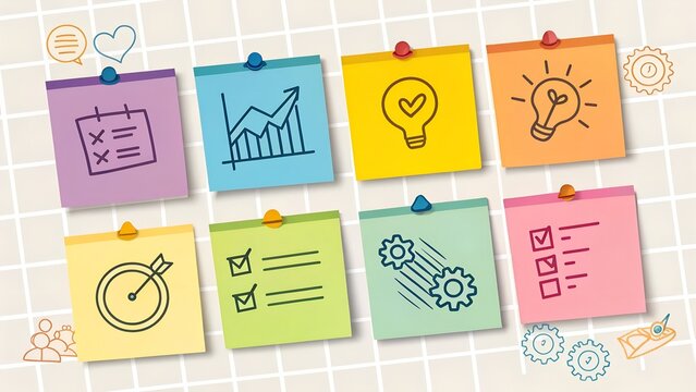 This animated pack features seven colorful sticky notes unfolding on a transparent background. Perfect for motion graphics, presentations, or educational.