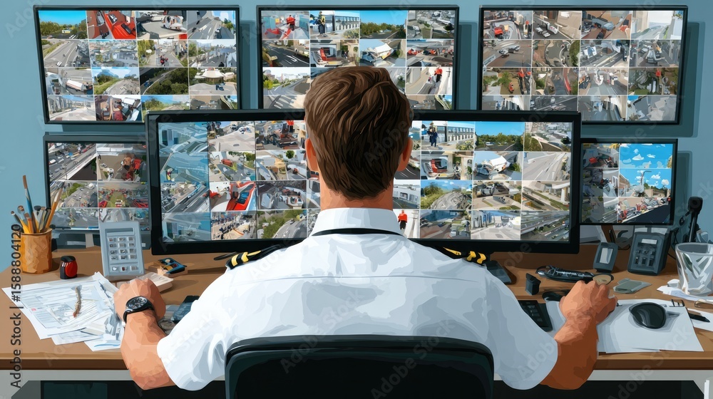 Surveillance Control: A vigilant individual monitors multiple screens ...