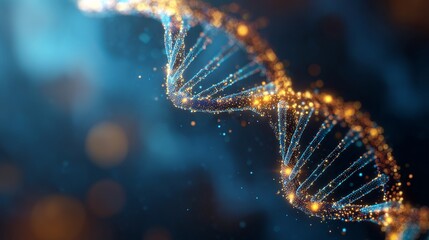 Poster - Illuminated DNA strand helix against a deep blue gradient background, scientific and technological advancement representation, digital artwork.