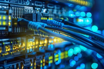 Fototapete - Close up of network cables plugged into router ports, transmitting data through fiber optic wires, creating a network infrastructure