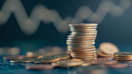 Poster - Stack of silver coins on blue background with blurred financial chart, representing investment growth, savings and wealth management concept.