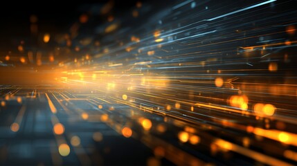Fototapete - Glowing orange and blue circuit paths represent digital data flow and futuristic technology progression concept.