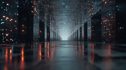 Poster - Reflective futuristic tunnel illuminated with vibrant, enigmatic lights creating a mesmerizing and immersive experience through digital space.