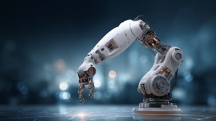 Poster - Futuristic robot arm precision meets technological innovation on a shimmering surface with a blurred background scene.