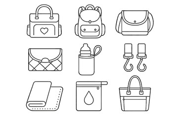 Poster - Baby essentials line icon set. diaper bag, stroller, bottle, outline icons collection