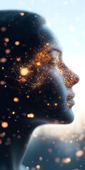 Poster - Silhouette profile with glowing particles and network connections creating ethereal double exposure effect against blue background. Concept of artificial intelligence.